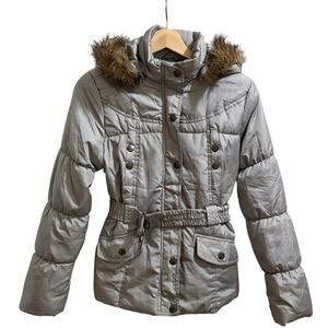 Dollhouse Puffer Jacket Womens Small Gray Faux Fur Hood Full Zip Coat Belted